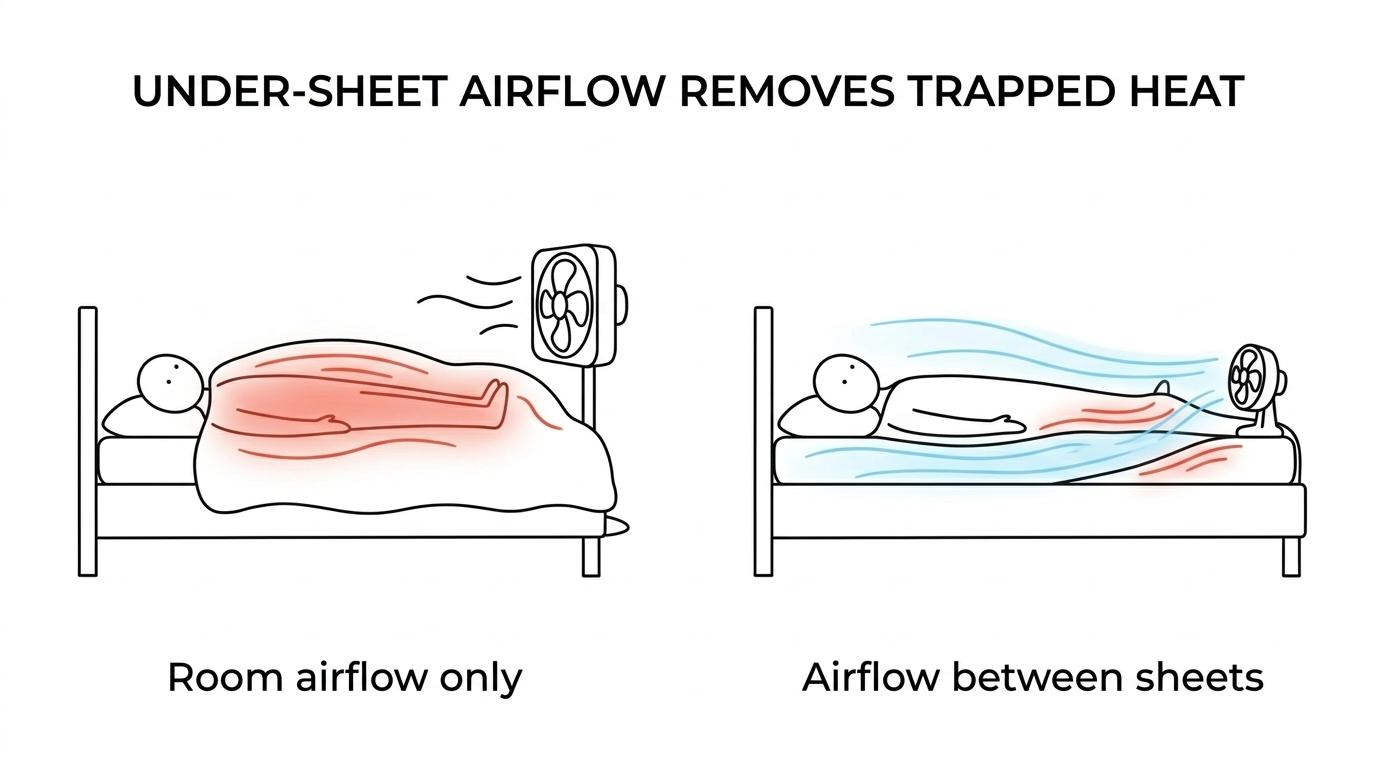 Side-by-side comparison of a room fan blowing across a bed versus a bed fan directing air under the covers where heat is trapped.