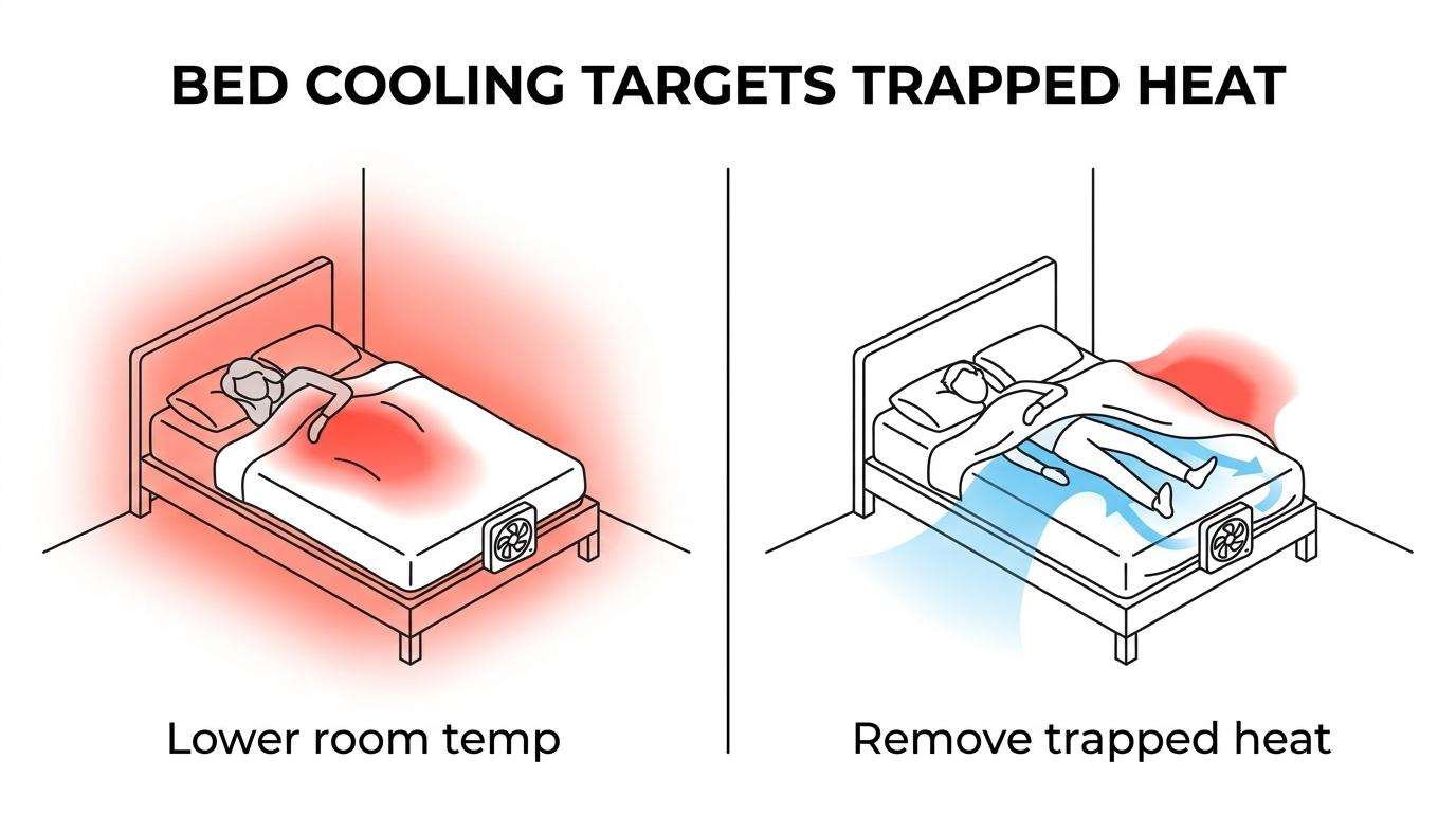 Side-by-side comparison of an under-sheet bed fan cooling the bed microclimate versus a room air conditioner cooling the entire bedroom.