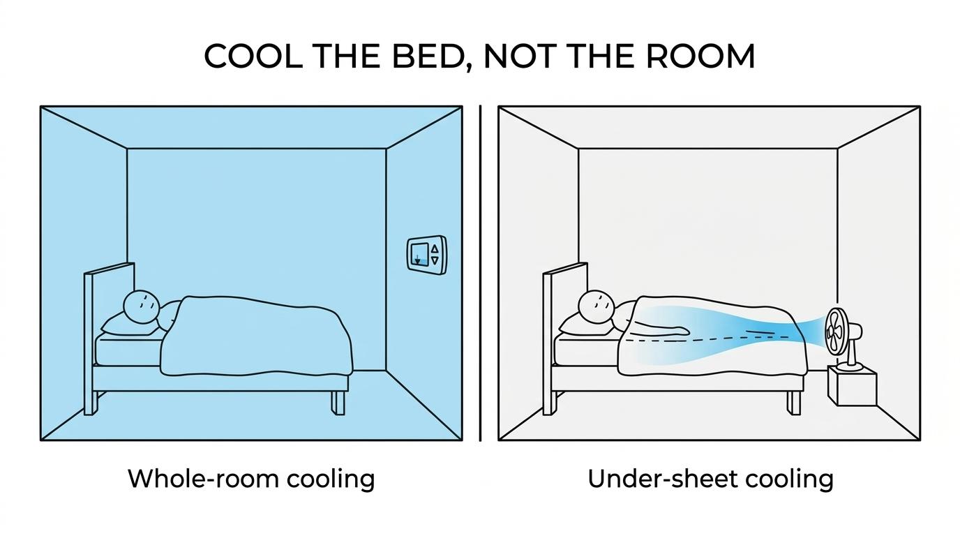 Side-by-side bed scene showing whole-room cooling versus targeted airflow under the sheets from a bed fan at the foot of the bed.