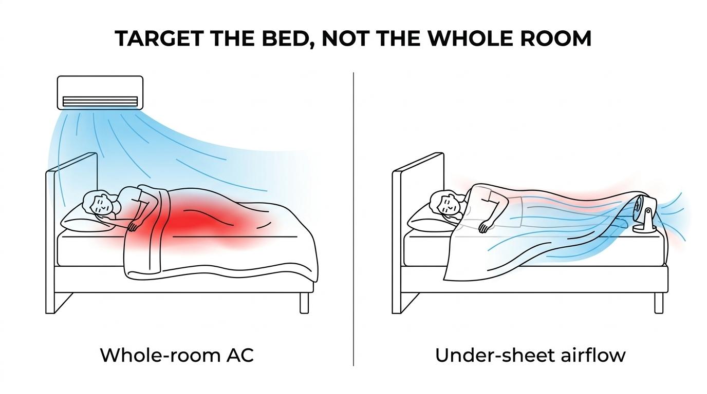 Side-by-side comparison of four bed cooling options: under-sheet fan, water-based mattress pad, whole-room cooling, and passive cooling bedding.