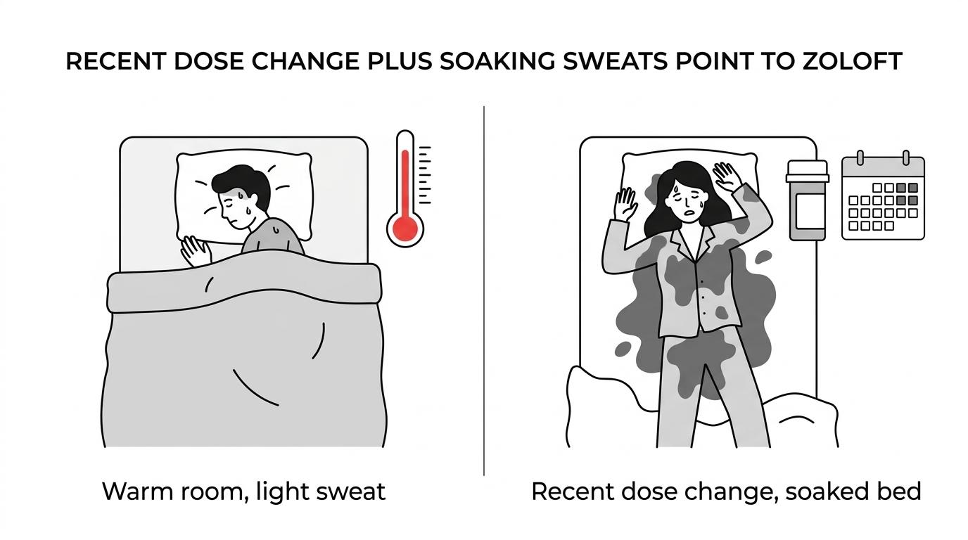 Side-by-side comparison of ordinary overheating, likely sertraline-related night sweats, and red-flag symptoms that need urgent medical care.