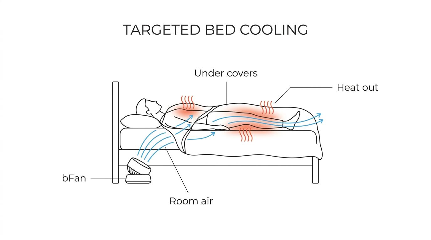 A bed with a fan at the foot directing room-temperature air between the sheets and carrying heat away from a sleeper.