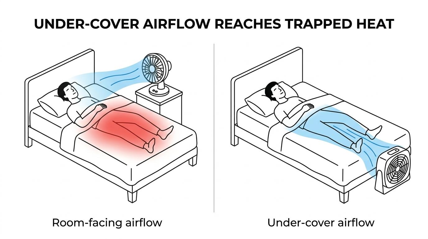 Side-by-side comparison of a bedside fan blowing across a sleeper’s face and upper body versus a bed fan pushing air under the covers around the torso and legs.
