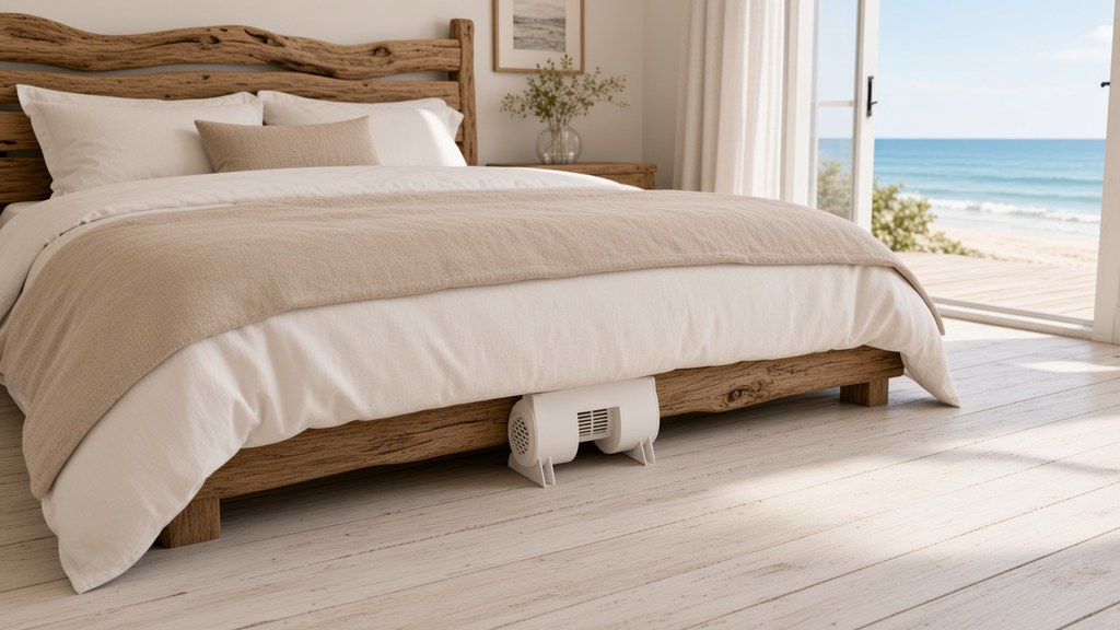 bFan bed fan flush at the foot of a driftwood bed in a beach house bedroom