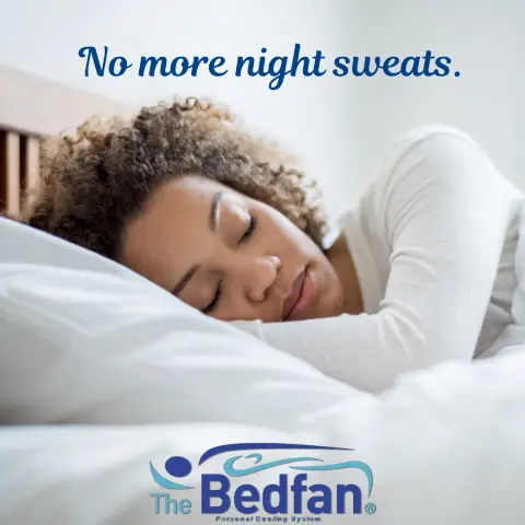 Save money on air conditioning: a woman sleeping comfortably in white bedding beside the words No more night sweats