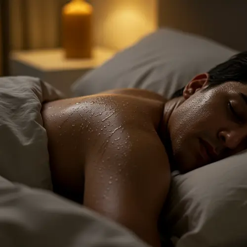 Sleep sweating relief: a man asleep shirtless in bed by a warm lamp