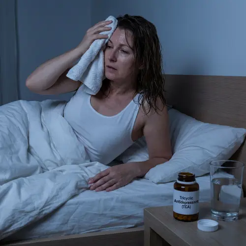Woman sitting up in bed wiping her forehead beside a pill bottle with TCA night sweats
