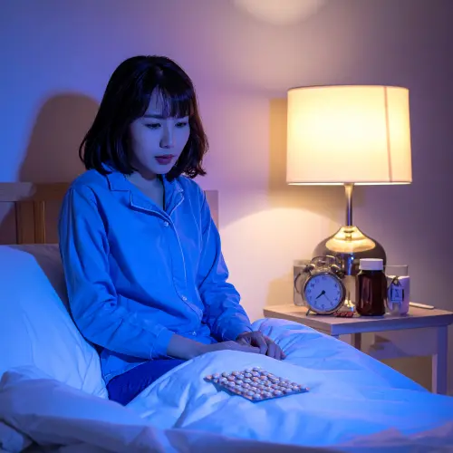 Woman sitting up in bed at night beside a lamp and pill pack with protriptyline night sweats