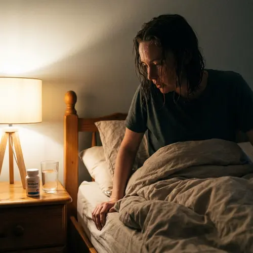 Man sitting on the edge of the bed by a bedside lamp with nortriptyline night sweats