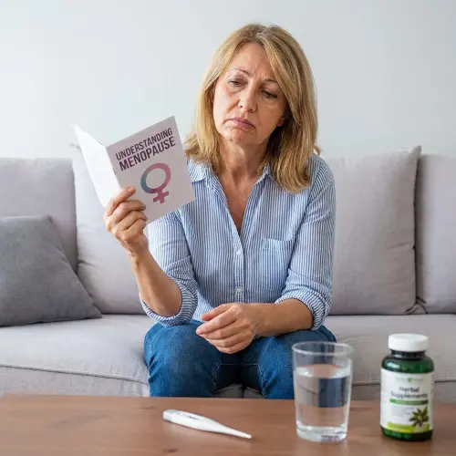 Woman on a sofa reading a pamphlet beside a supplement bottle, related to menopause symptoms