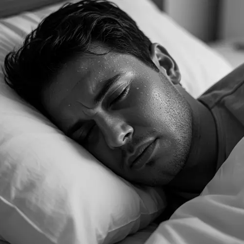 Black and white photo of a man asleep, about sweating while sleeping