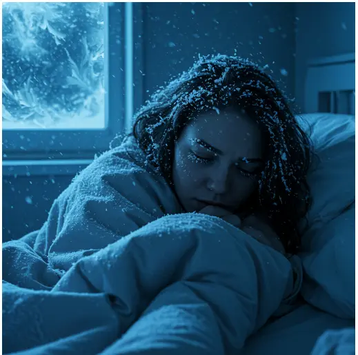 Sleeping cooler without getting cold: a woman asleep under blue covers by a window at night