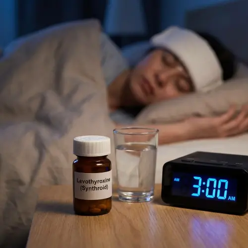 Woman asleep with a cloth on her forehead beside a pill bottle and clock, coping with levothyroxine Synthroid night sweats