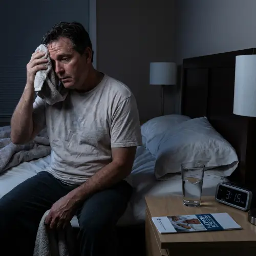 Man sitting on the edge of the bed at night wiping his face, coping with prostate cancer night sweats