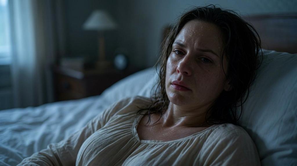 Woman lying awake in bed at night with night sweats and dehydration