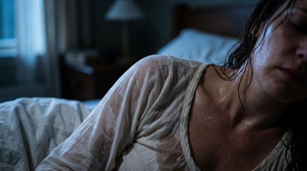 Woman lying awake and sweaty in bed at night, a hot sleeper comparing bFan and Eight Sleep