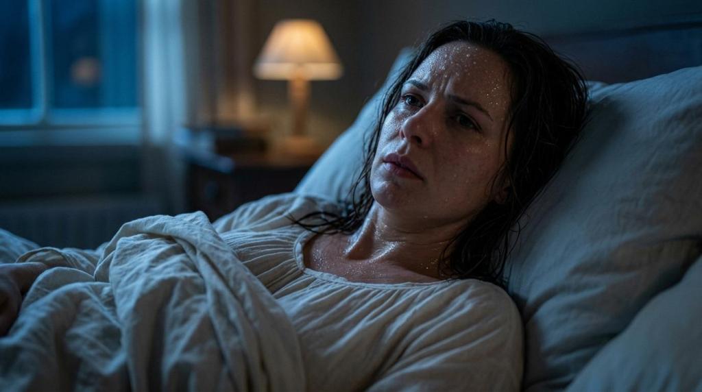 Waking up hot: a woman lying awake in bed at night