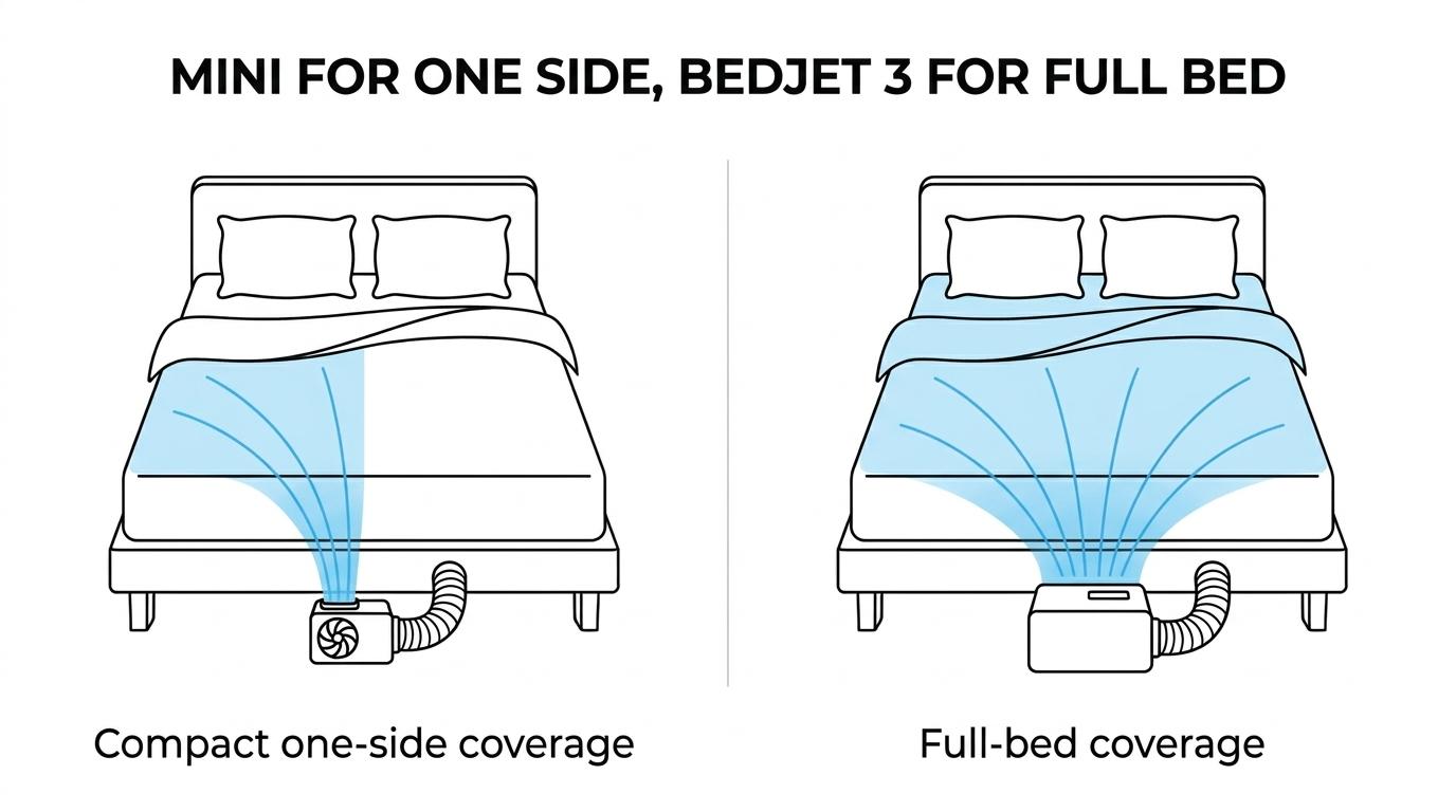 Side-by-side comparison of BedJet 3 for whole-bed airflow and BedJet Mini for smaller beds or one side of a larger bed, with size and weight differences noted.