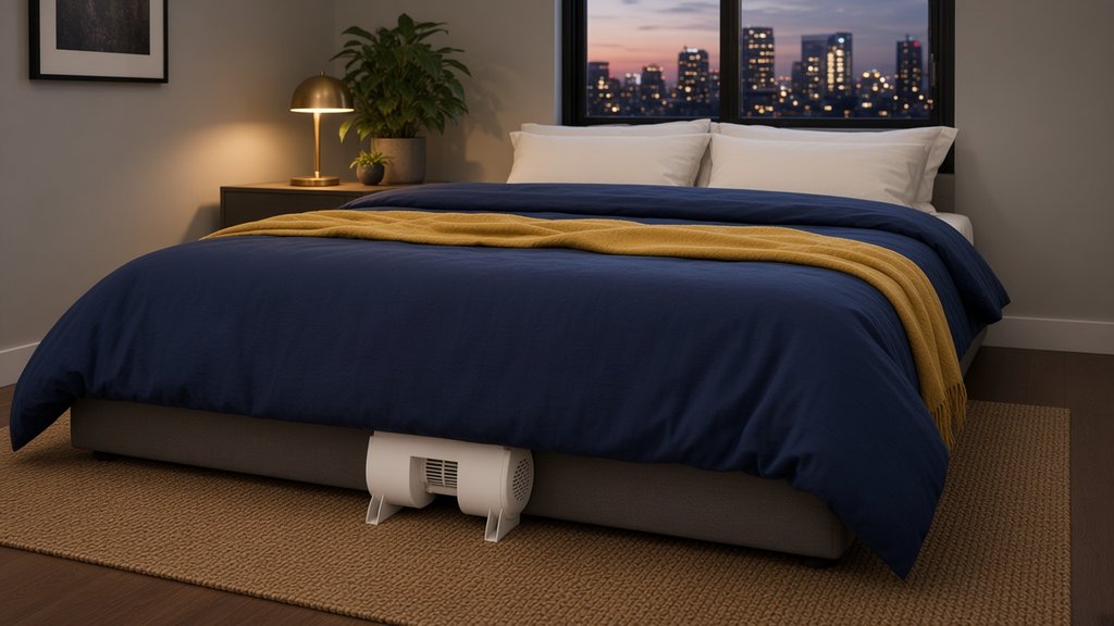 bFan bed fan at the foot of a full-size bed with a navy duvet in a city studio apartment at dusk, a compact under-sheet cooling option for hot sleepers