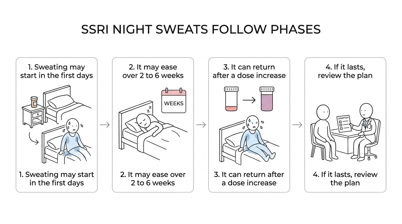 A step-by-step timeline showing how SSRI night sweats may start, improve over weeks, worsen after a dose increase, or persist long enough to need a prescriber review.