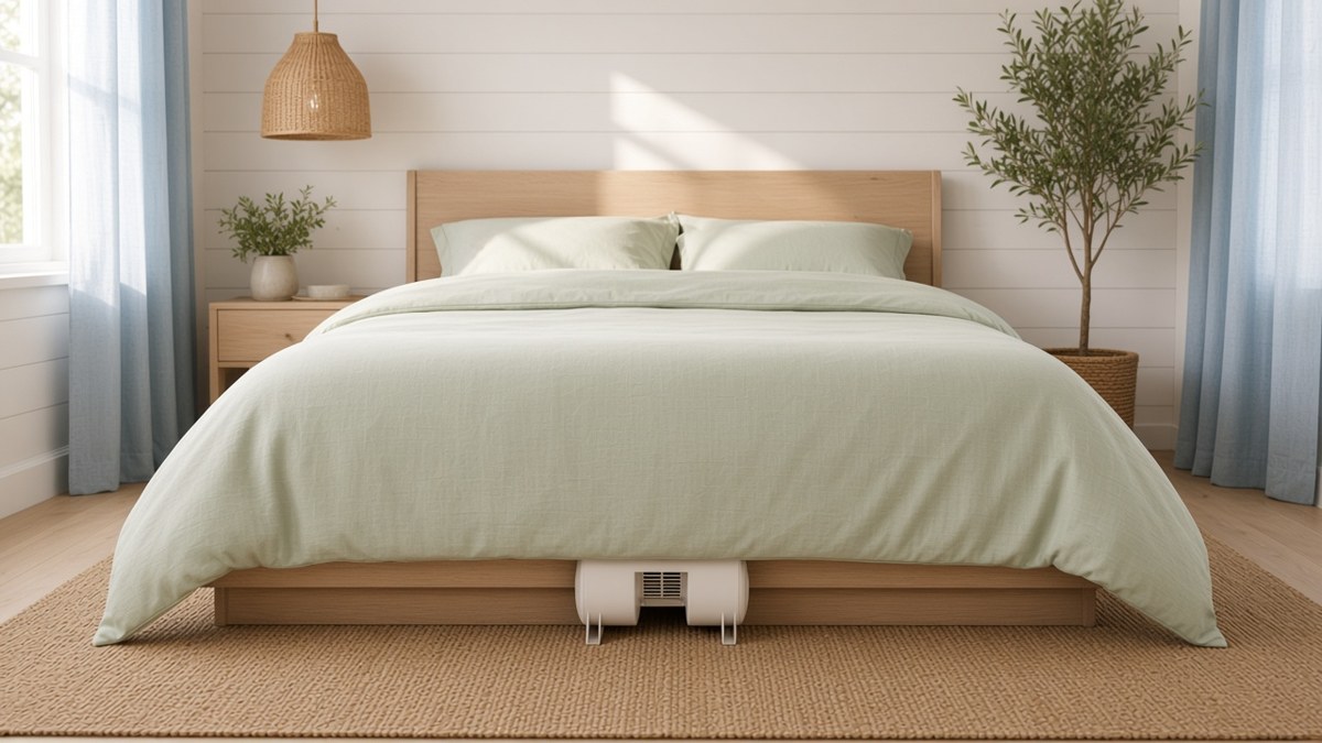 bFan bed fan centered at the foot of a light ash bed in a bright coastal bedroom, sending a quiet cooling breeze under the duvet instead of running whole room AC