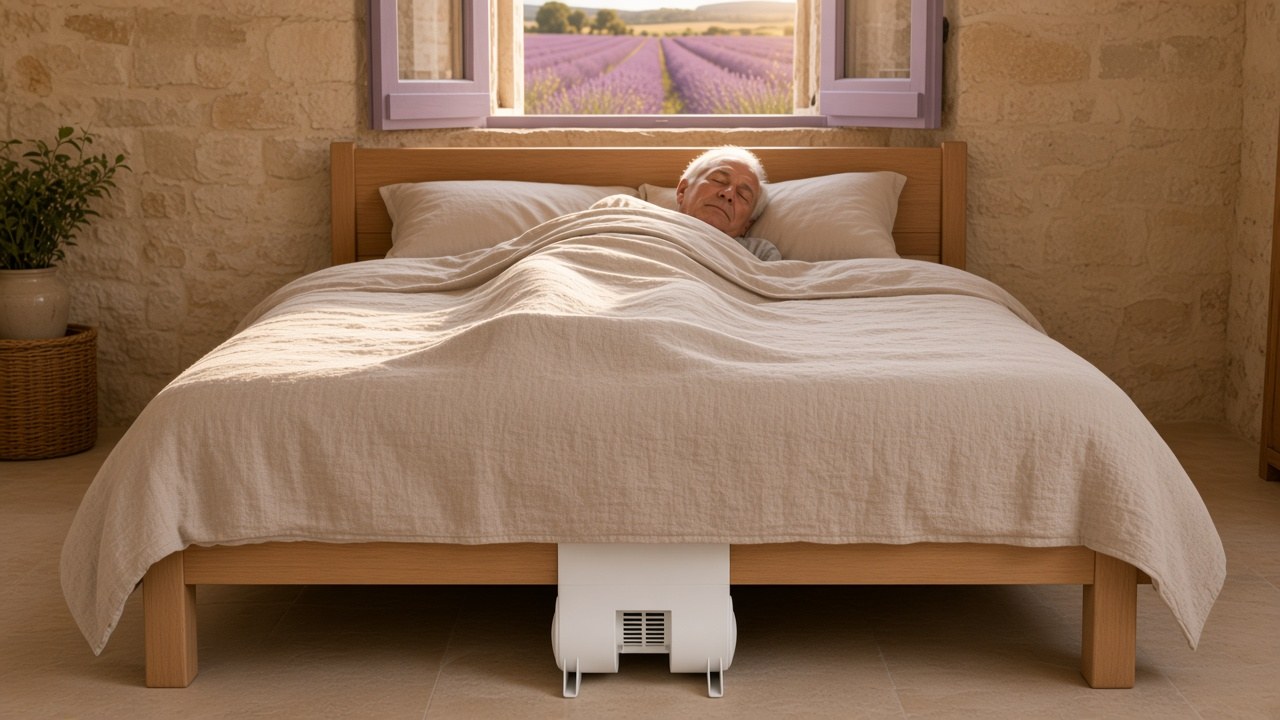 Older man sleeping comfortably with a bFan bed fan for morphine night sweats