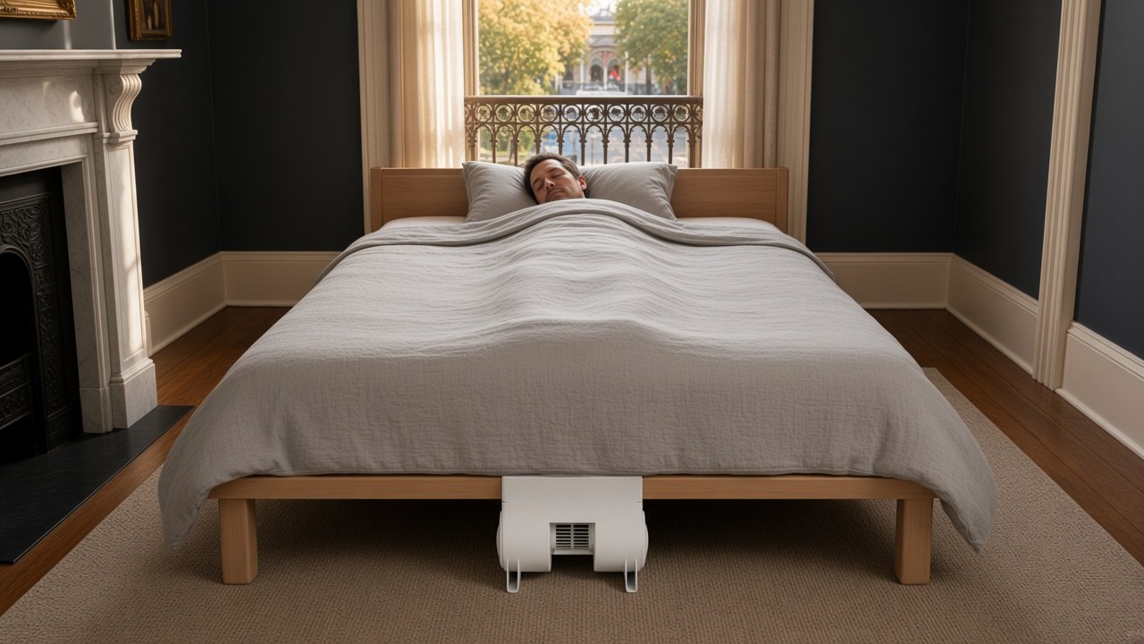Man sleeping comfortably with a bFan bed fan on its bottom base at the foot of the bed