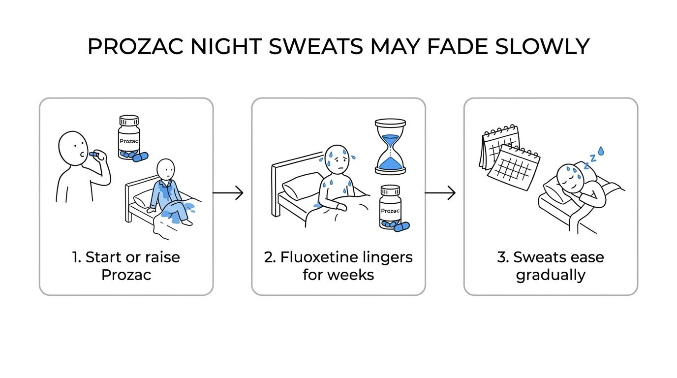 Timeline showing Prozac night sweats starting after a new or higher dose, lingering while fluoxetine stays in the body, and gradually improving after a medication change.