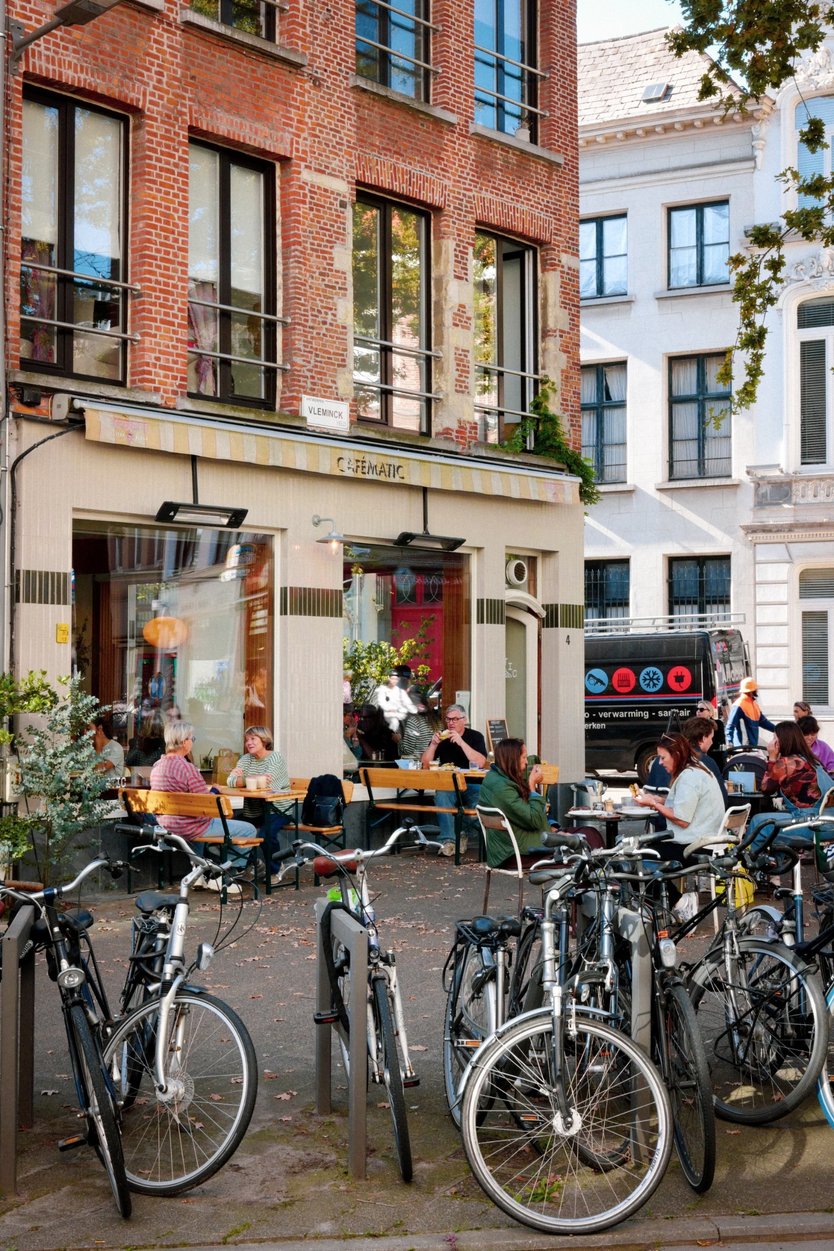 A corner café in Antwerp, bicycles in front