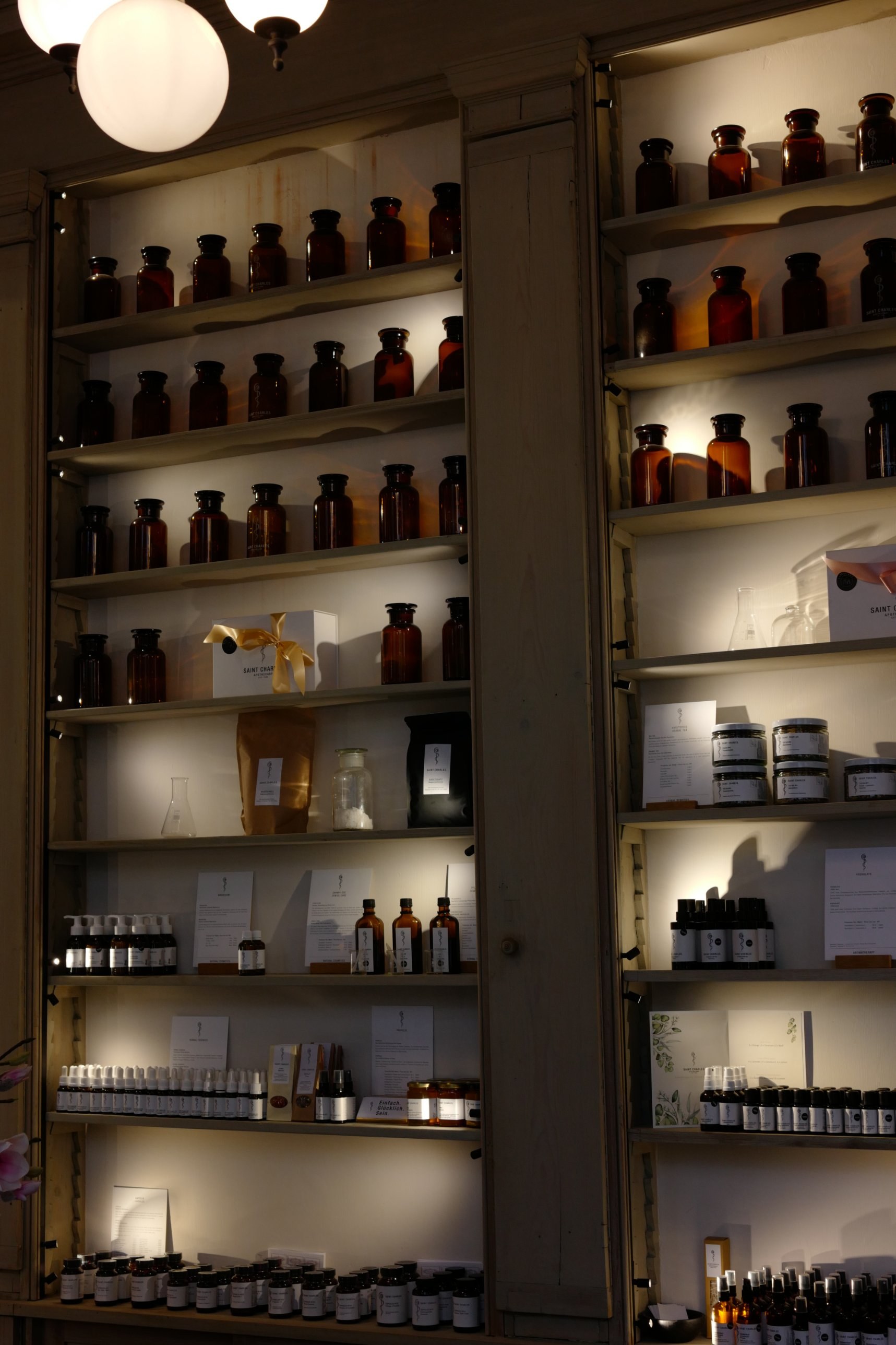 Amber jars on the shelves of the old apothecary