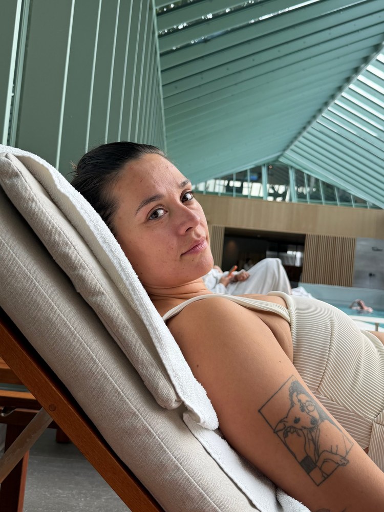 Coco in the spa under the glass roof