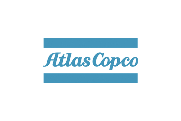 Atlas Copco logo with blue text and two horizontal blue bars above and below the company name on a white background.