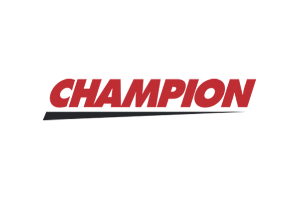 The word 'CHAMPION' in bold red uppercase letters with a black underline tapering from left to right.