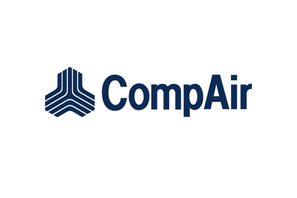 CompAir company logo with stylized blue geometric emblem to the left of the name.