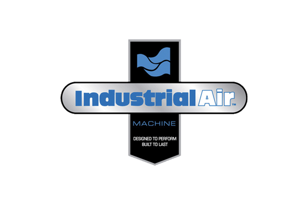 Industrial Air logo with blue and silver design, featuring two blue wave lines above the text, and the slogan 'MACHINE DESIGNED TO PERFORM BUILT TO LAST' below.