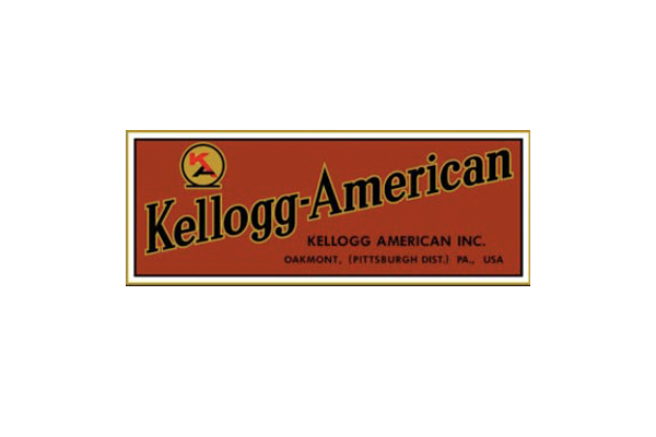 Vintage Kellogg-American logo with a red background, featuring a circular emblem with a stylized letter K and the text "Kellogg-American" in large black letters outlined in yellow. Below it says Kellogg American Inc., Oakmont, (Pittsburgh Dist.) PA., USA.