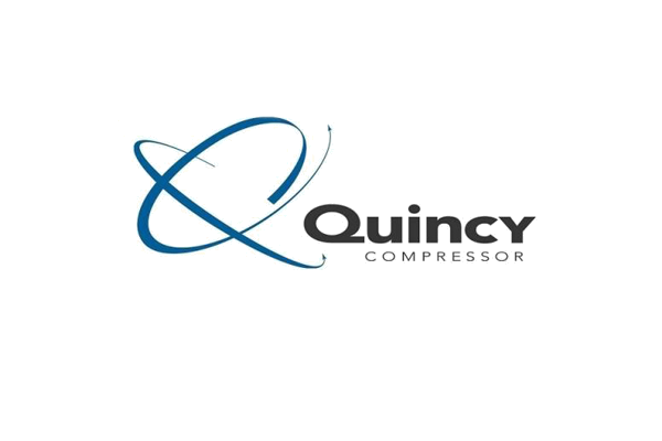 Quincy Compressor logo featuring a stylized blue circular swoosh graphic next to the bold word Quincy and the smaller word COMPRESSOR below it.
