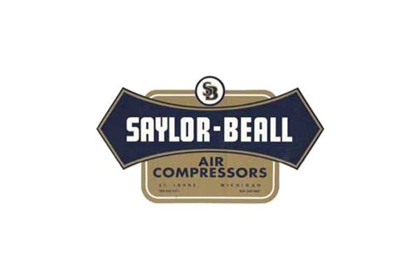 Saylor-Beall logo featuring a dark blue, bowtie-shaped banner with white text and a circular emblem with the letters SB above a gold rectangle with the words Air Compressors and location details.