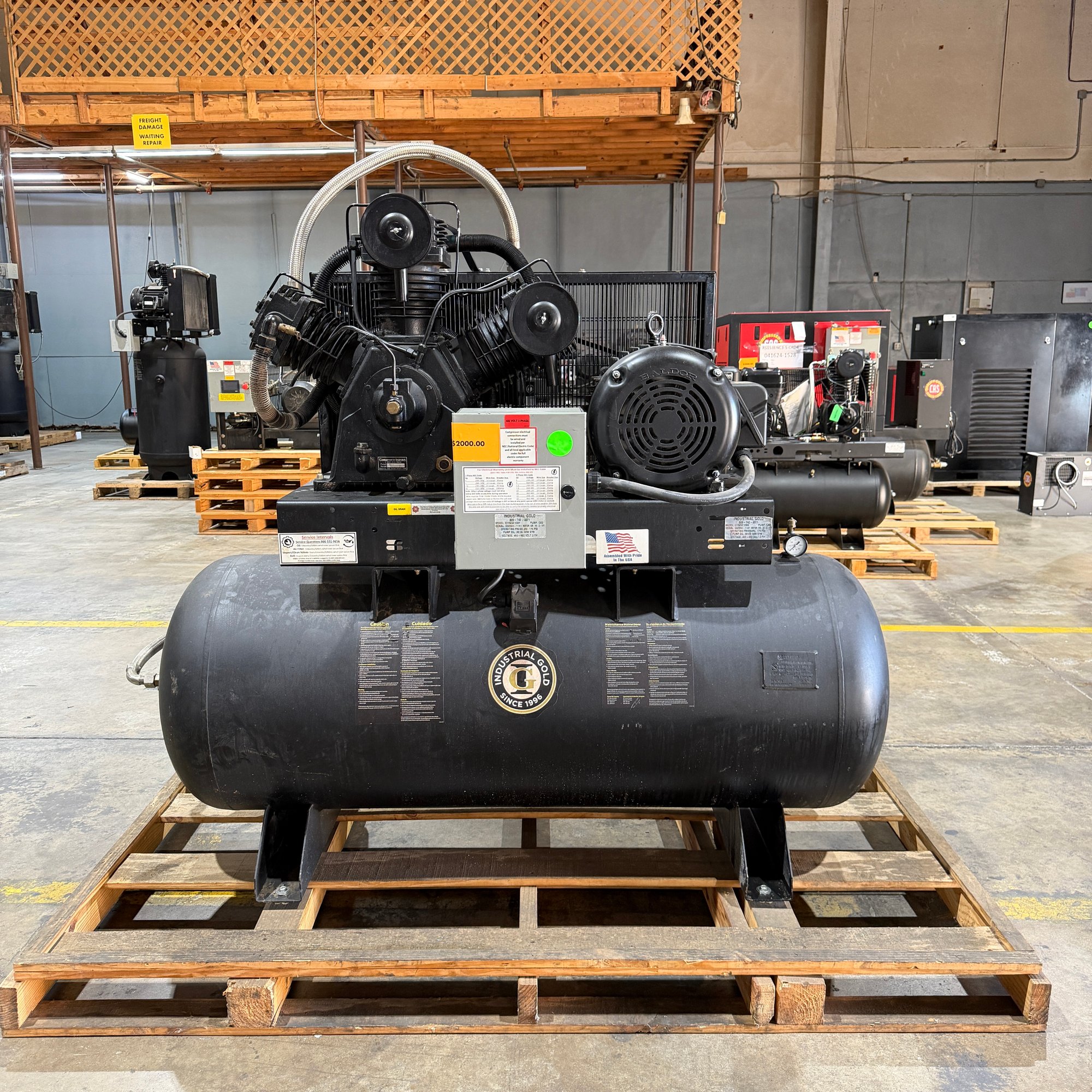 Front view of Industrial Gold 15 HP reciprocating air compressor, serial 032224-1141