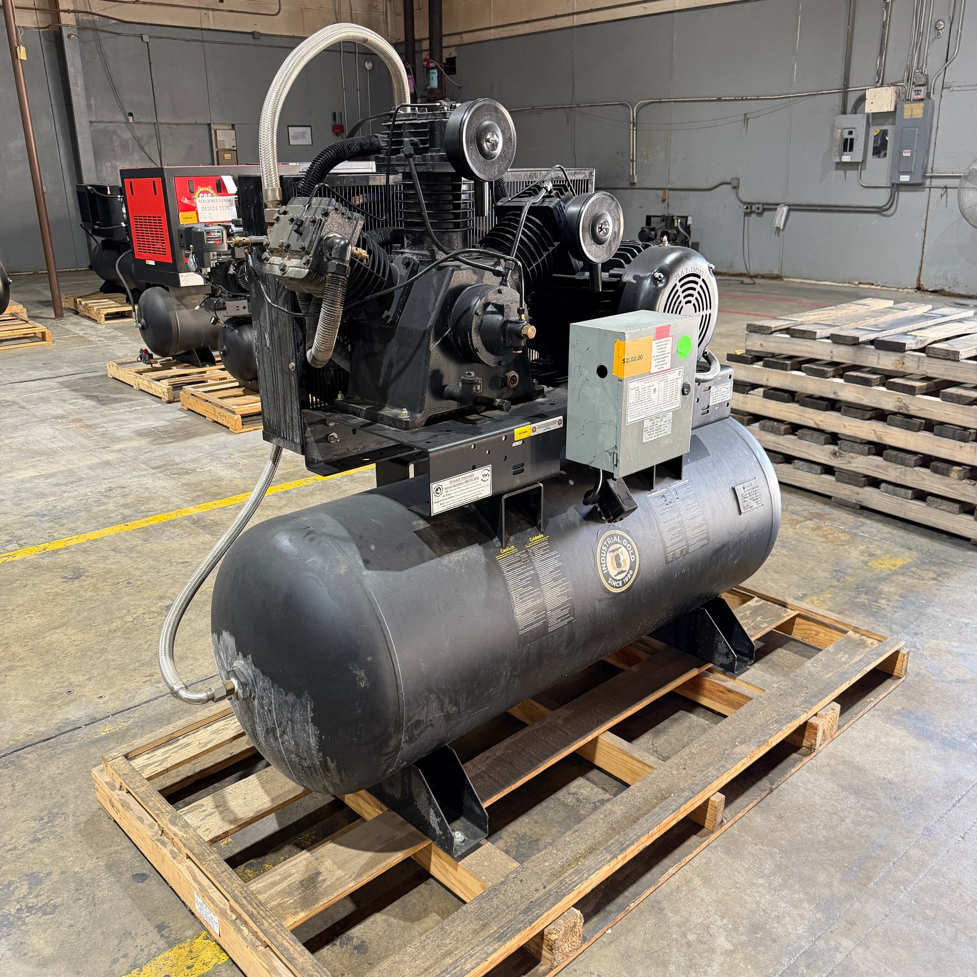 Pump-side view of Industrial Gold CA3 reciprocating air compressor