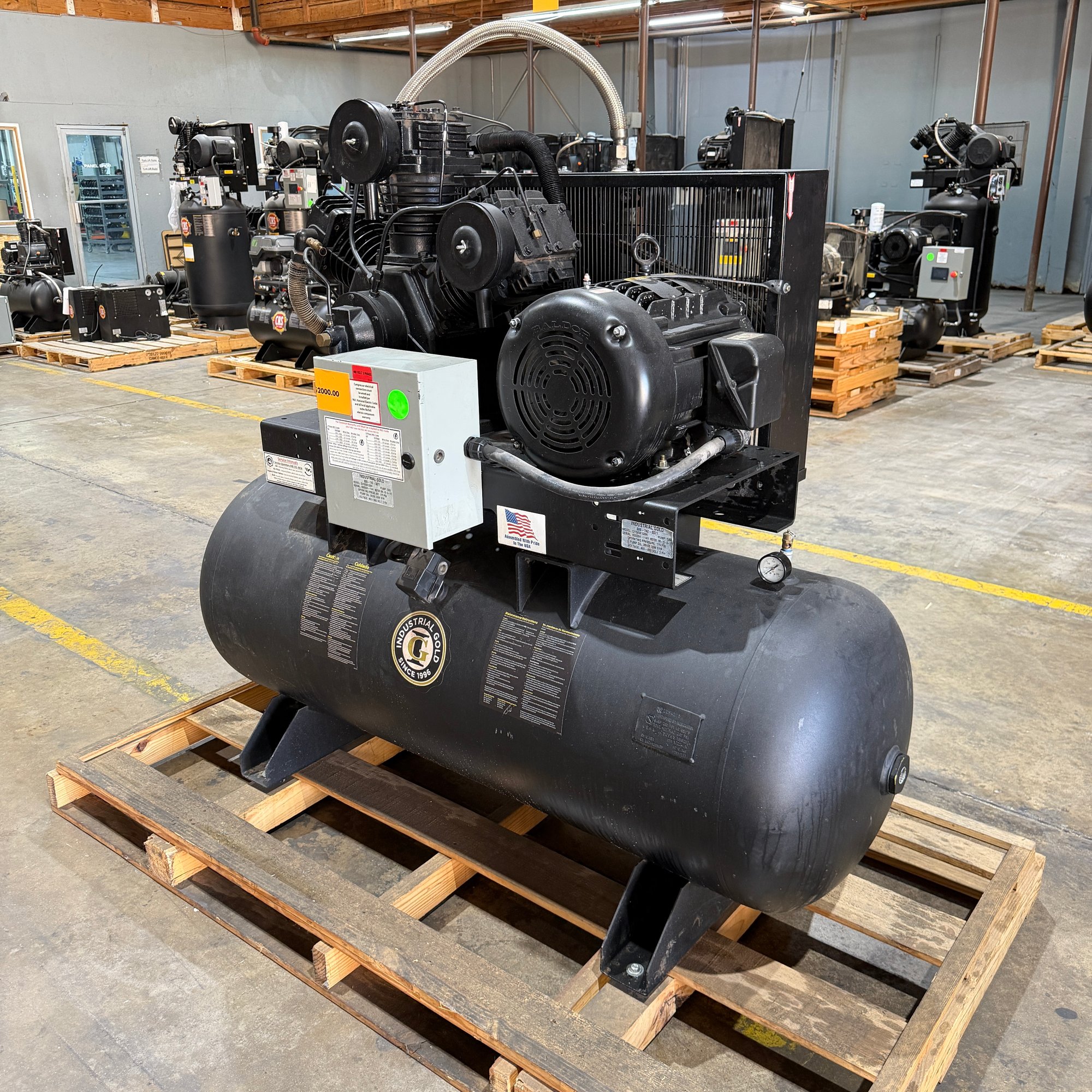 Front angle of Industrial Gold air compressor with 120 gallon horizontal tank