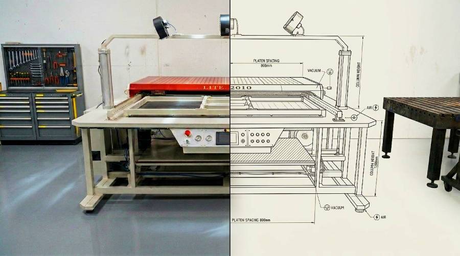 Industrial vacuum forming machine LITE 2010 shown half as a photograph and half as a technical drawing with measurements
