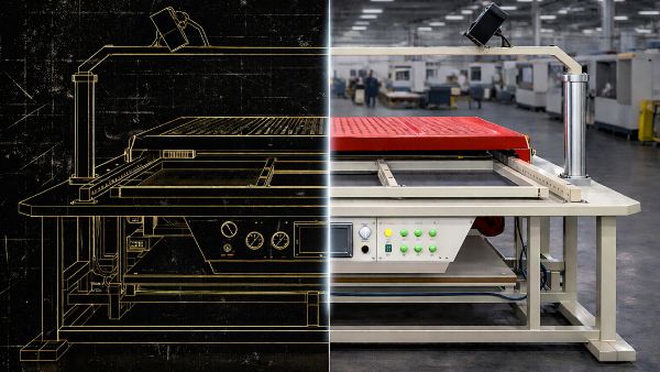 Industrial vacuum forming machine LITE 2010 shown half as a photograph and half as a technical drawing with measurements