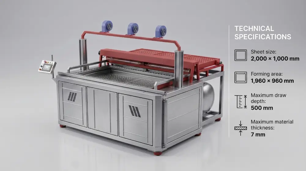 LITE 2010 large-format vacuum forming machine — 1960×960 mm forming area, 500 mm draw depth, 125 kW industrial thermoformer