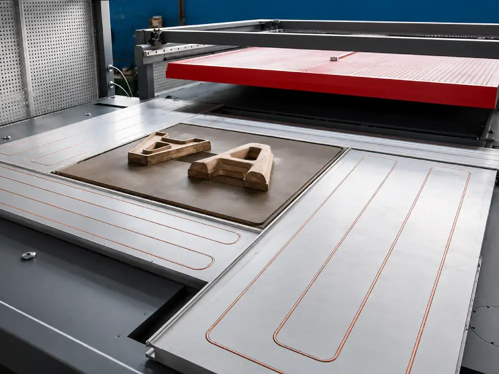 VORION industrial thermoforming machine working area with vacuum forming table