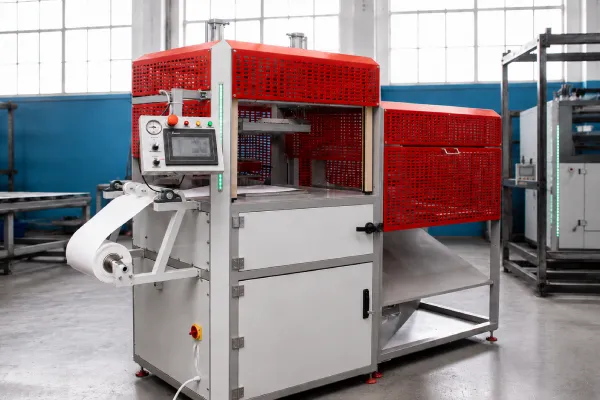 Vacuum forming machine for roll-fed plastic film in an industrial workshop