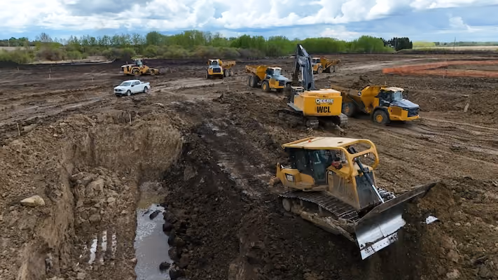 Construction site with excavator, bulldozer, dump trucks, and a white pickup truck on muddy earth.