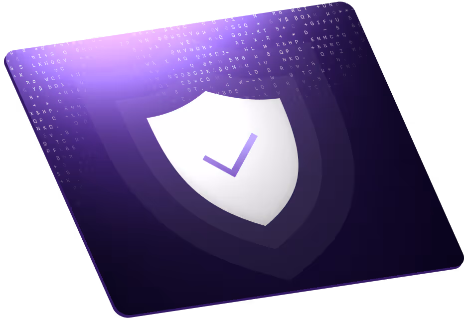 Purple gradient shield icon with a checkmark in the center, surrounded by layers of nested shield shapes and faint digital code background.