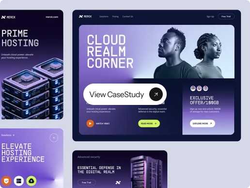 Website interface featuring cloud hosting services with tech visuals and diverse models on a purple background.
