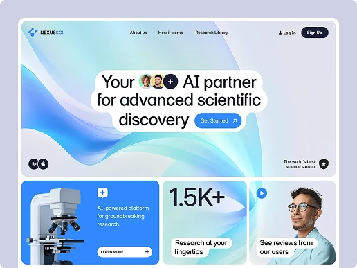 NEXUSSCI website homepage with AI partner message, microscope image, research stats, and user review photo.
